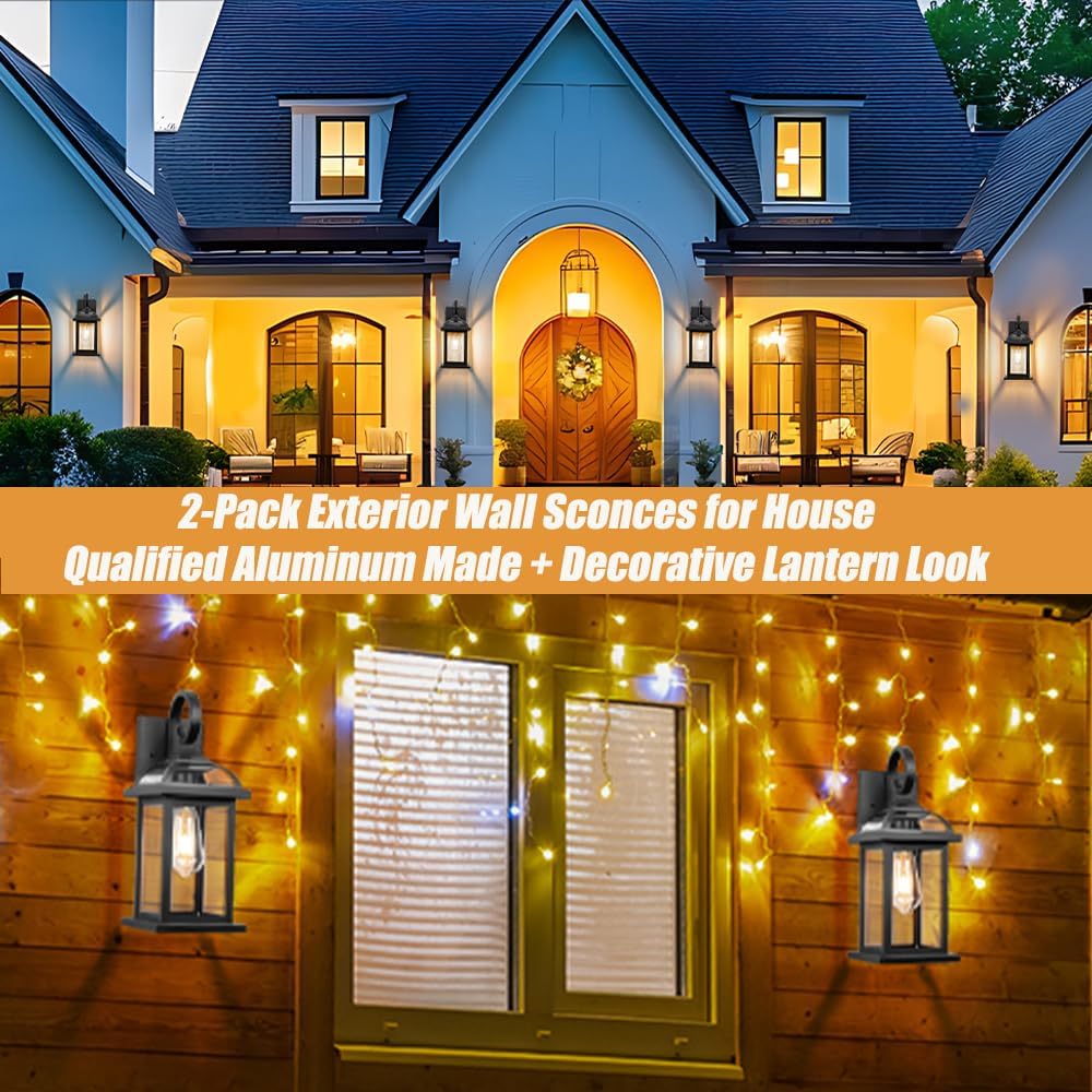 Black Exterior Light Fixtures 2-Pack, Anti-Rust Aluminum Outdoor Wall Lights for House Porch Lights IP65 Waterproof Cl
