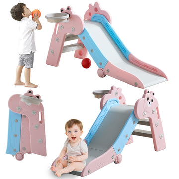 Toddler Slide Foldable Slide for Kids Indoor Baby Plastic Slides Play Set with Basketball Hoop and Ball