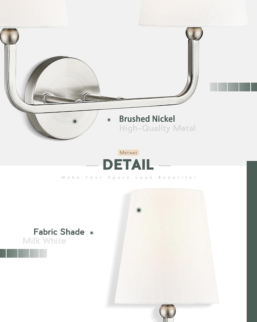 2-Light Brushed Nickel Bathroom Vanity Light, White Fabric Shades | 17" double wall sconce, upward only, E26 base
