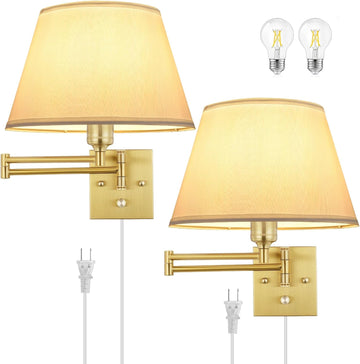 Dimmable Wall Sconce Plug in, Brushed Brass Wall Sconces Set of 2 Swing Arm Wall Lights with Plug in Cord and Dimmer