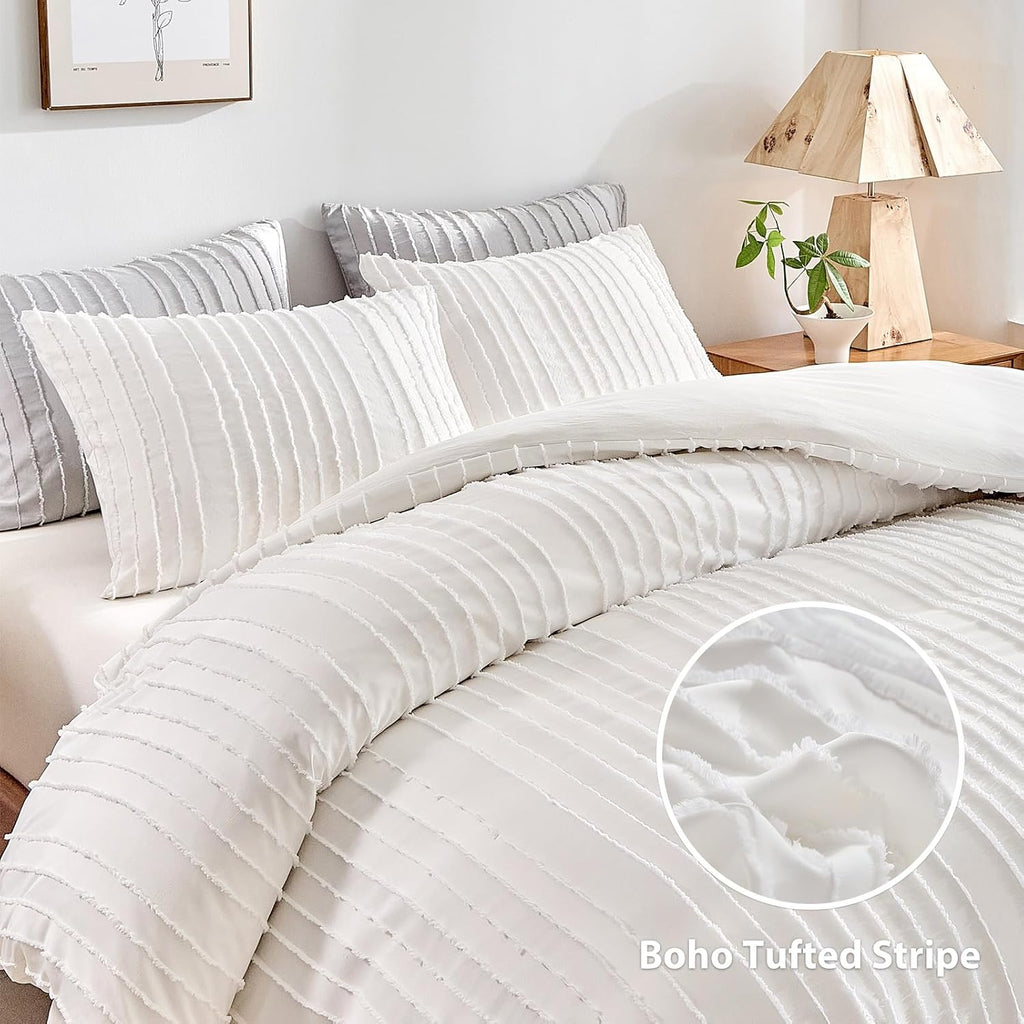 White Boho Duvet Cover Set, Striped Textured Tufted Bedding Set, 3 Pcs Ultra Soft Washed Microfiber with Zipper