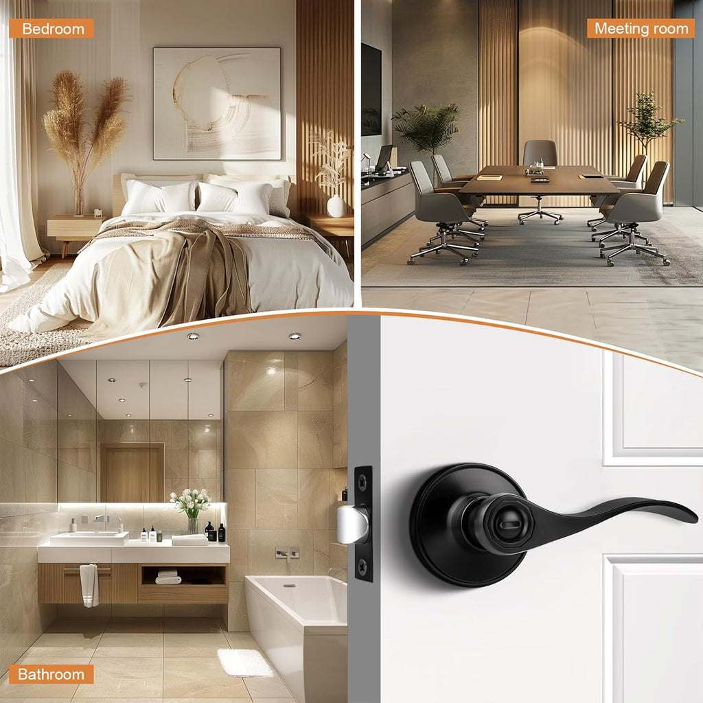 Matte Black Wave Style Bed/Bath Door Levers, Privacy Door Levers Interior Door Handles Bathroom