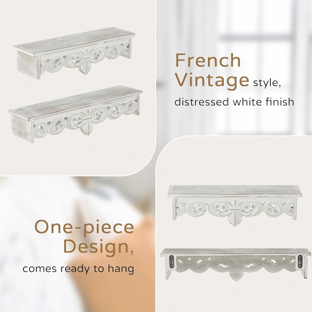 Whitewashed Wood Floating Wall Shelves Set of 2, 16.5in & 15in Long | Shelves with Crown Molding Details, Distressed