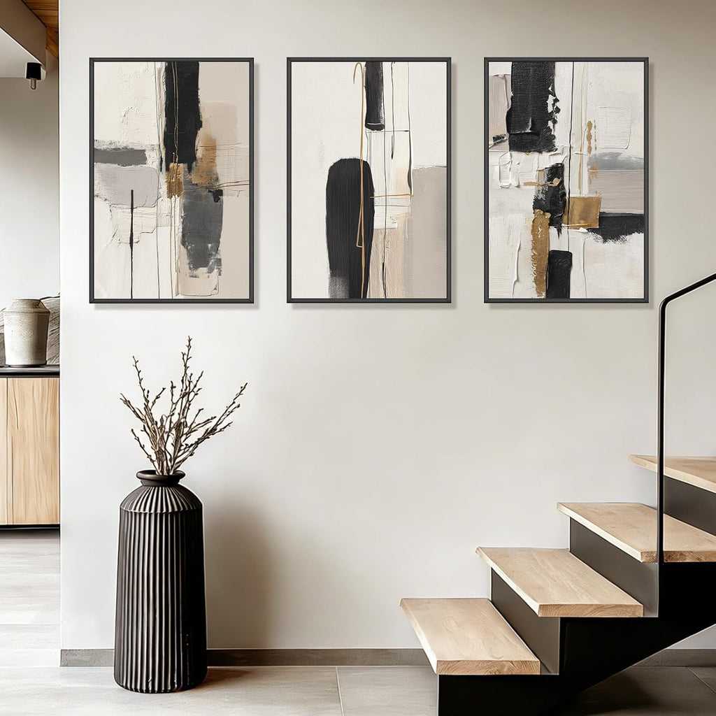 Large Neutral Abstract Wall Art Set of 3 Framed Canvas Prints, 24x36 Inch Modern Beige Black Abstract Paintings with