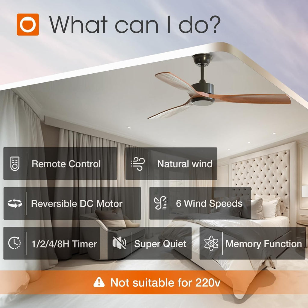 52 inch Ceiling Fans No Lights and Remote Control, Reversible, 3 Wood Blades, 6 Speeds, Noiseless, Indoor/Outdoor Black Walnut Ceiling Fan for Bedroom Shop Patio Gazebo Farmhouse