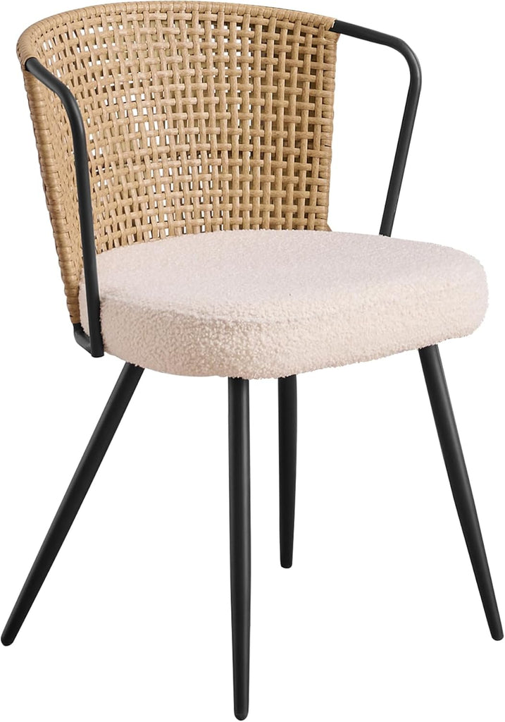 Rattan Dining Chairs Set of 2 - Farmhouse Upholstered Cane Back Kitchen Chair with Boucle Cushion