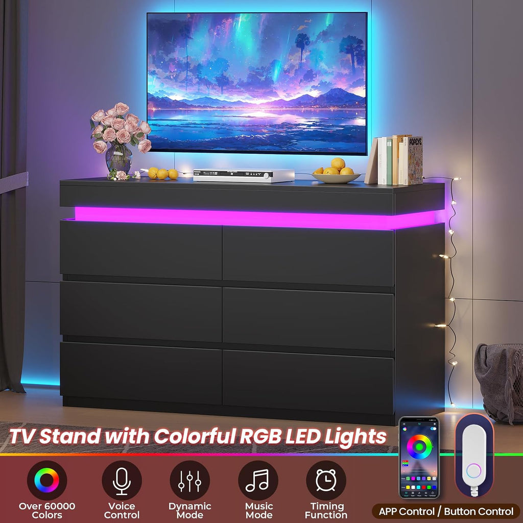6 Drawer Dresser with LED Light,Black | Modern Chest of Drawers ,Closet Dressers with Drawers forLiving