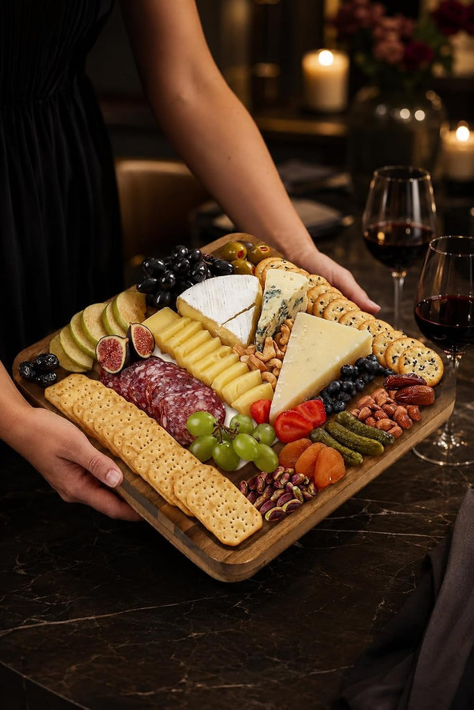 Premium Acacia Cheese Board Set with Slide-Out Drawer & 4 Cheese Knives, Charcuterie Board with Marble-Style Insert