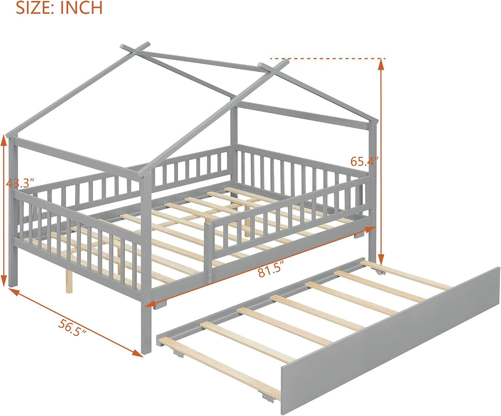 & Bright Designs House Bed with Trundle, Full Size Montessori Bed Frame with Fence Rails and Roof for Kids Girls &