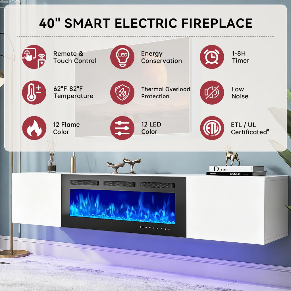 80'' Floating TV Stand with 40" Electric Fireplace, Wall Mounted Entertainment Center with Storage for TVs up to 90"