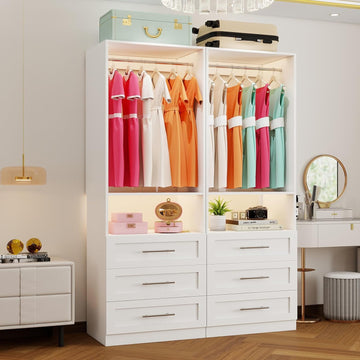 Closet System of 2 Sets with 6 Drawers, 4FT-10FT Modular Closet Organizer Systems Shelving, Wood Closet Systems for
