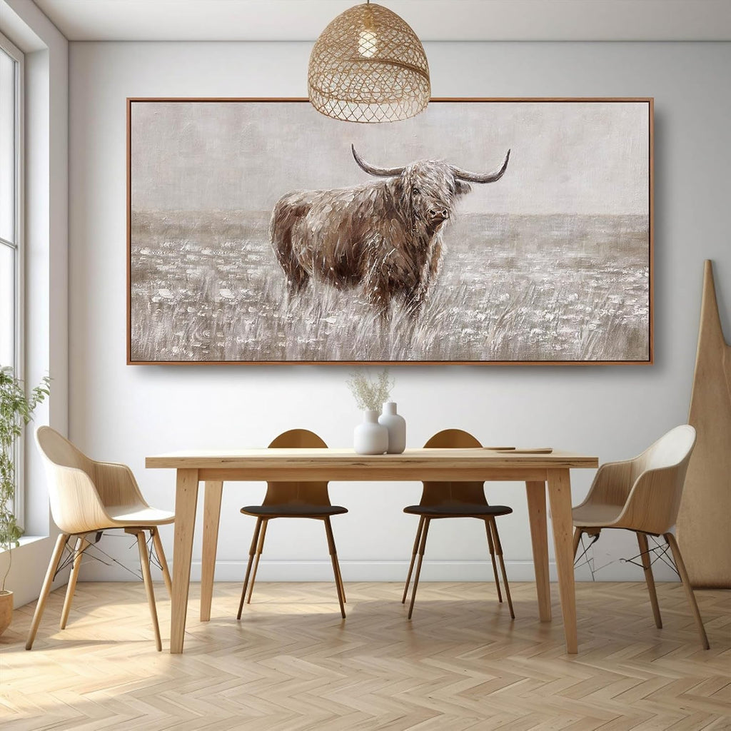 Farmhouse Highland Cow Wall Decor on Canvas with Framed Large Landscape Brown Artwork Living Room Office Decor