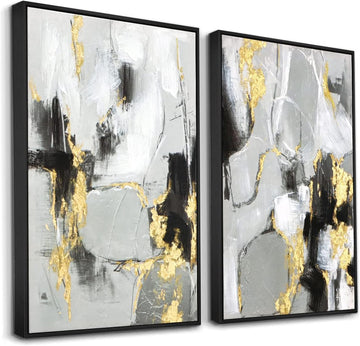 Black and Gold Abstract Wall -Art Decor- 2 Pack Black and White Canvas Wall Decor with Gold Foil