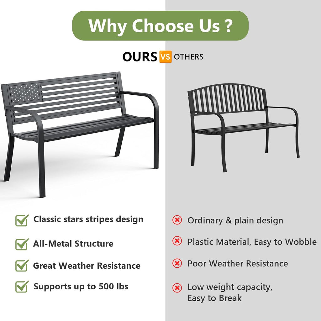 Outdoor Bench, Sturdy Metal Garden Bench with Classic Stars and Stripes Design Metal Backrest, 2-Person Patio Bench