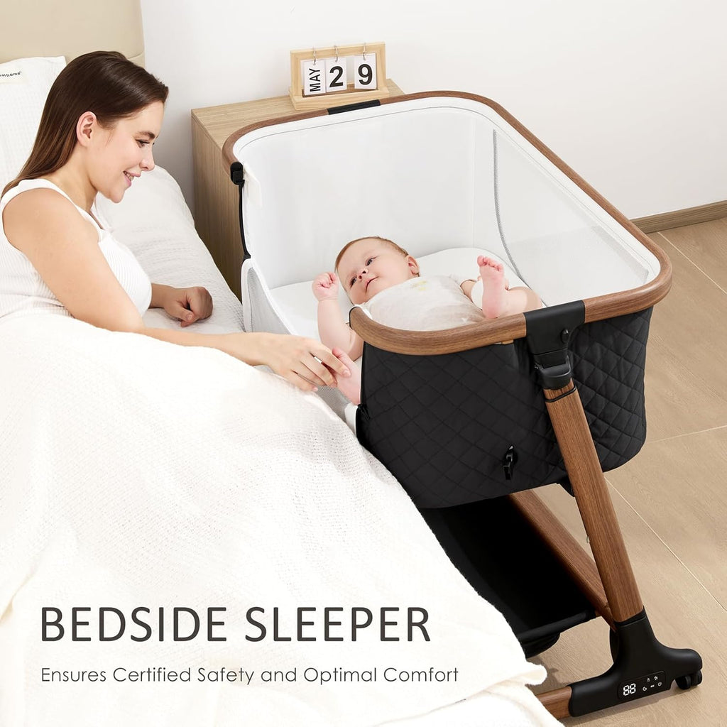 Electric Baby Bassinet, Auto Rocking Bedside Sleeper, 6 Heights with Mattress, Washable Sheet, Remote Control, 5