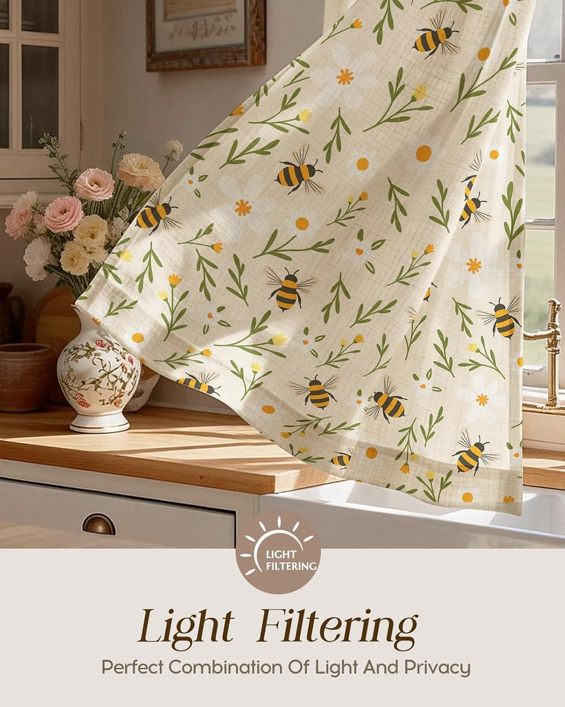 Bee Kitchen Tier Curtains - Linen Blend Country Cafe Curtains Farmhouse Small Window Treatments Over