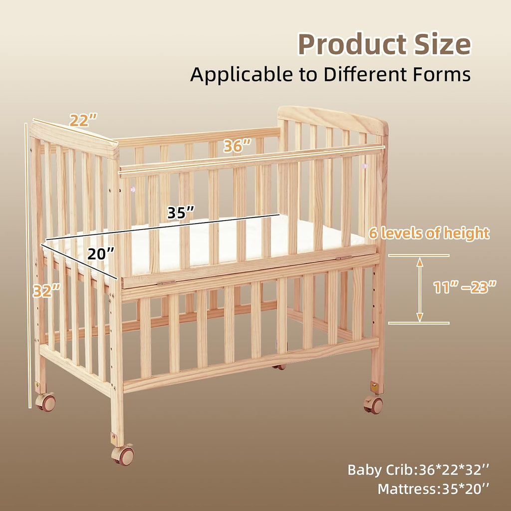 Baby Bassinet Bedside Sleeper,Portable Mini Baby Crib | Mattress Included,New Zealand Pine Wood,6 Adjustable