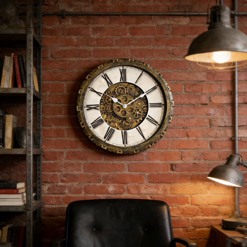 15 Inch Wall Clock with Real Moving Gears, Industrial Steampunk Vintage Wall Decor, Antique Metal Big Numeral Wall Clocks for Office...