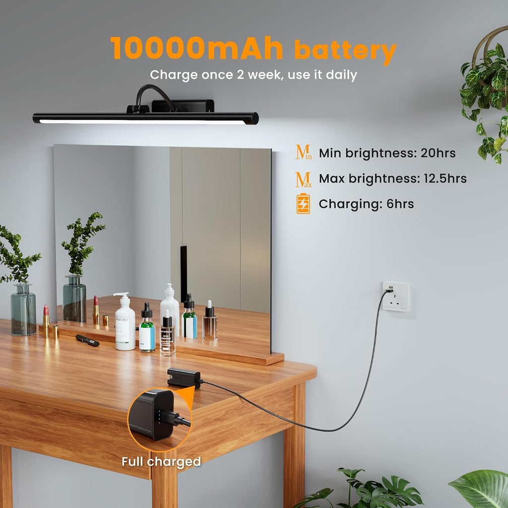 Bathroom Vanity Light Wireless Rechargeable Black 24 inch Black | 10000mAh Rechargeable Battery, 500LM Dimmable, 3