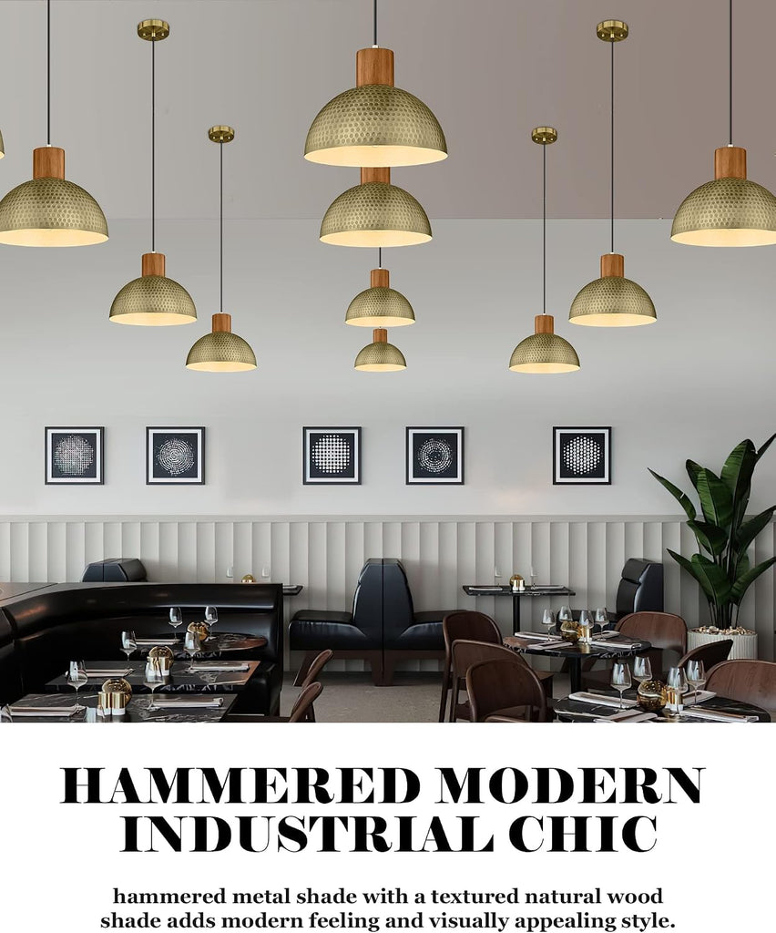2 Pack Hammered Pendant Lights 12" Vintage Metal & Wood Dome Hanging Lamp Antique Gold Industrial Kitchen Pendant