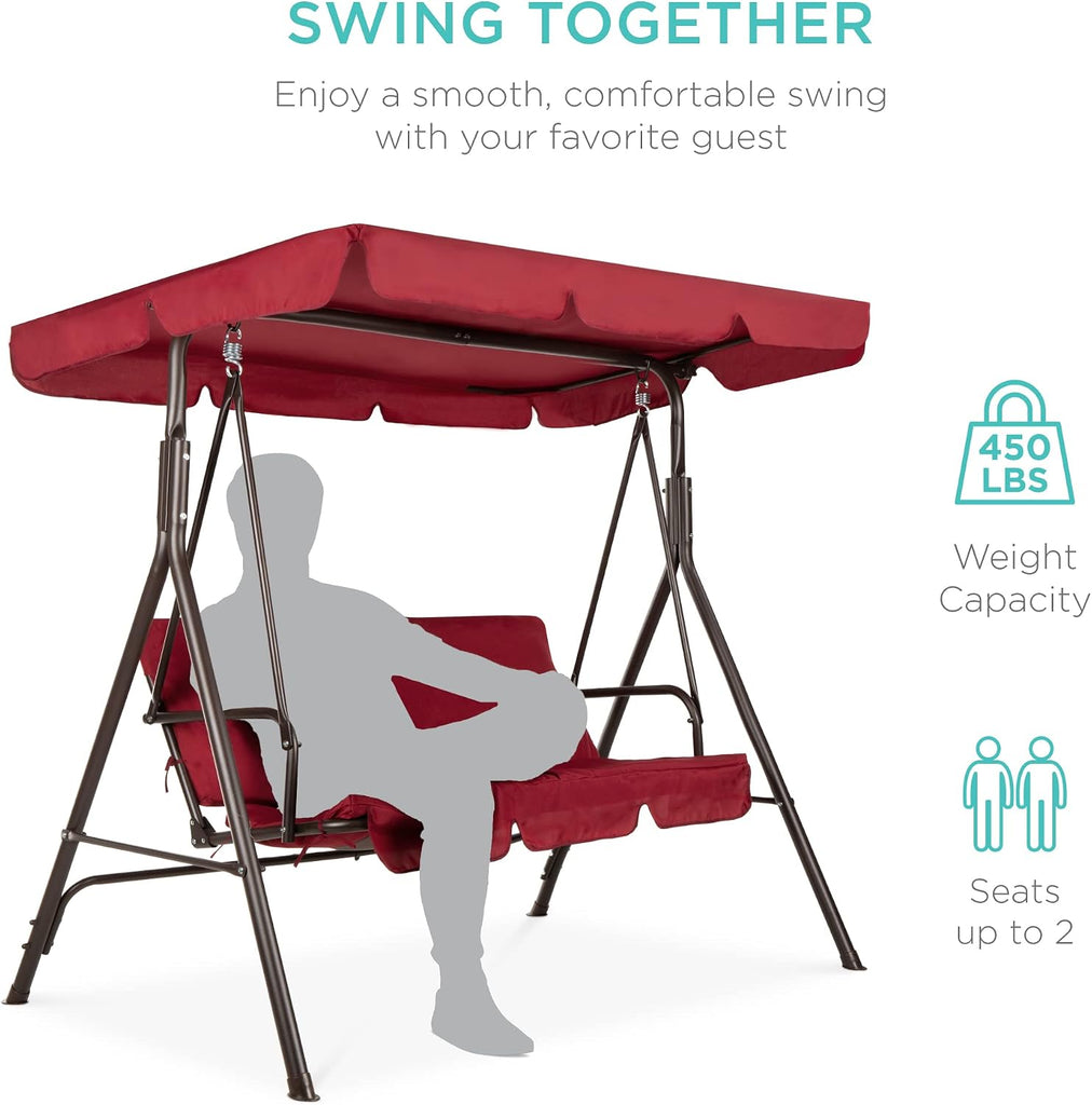 2-Person Outdoor Patio Swing Chair, Hanging Glider Porch Bench for Garden, Poolside, Backyard w/Convertible Canopy