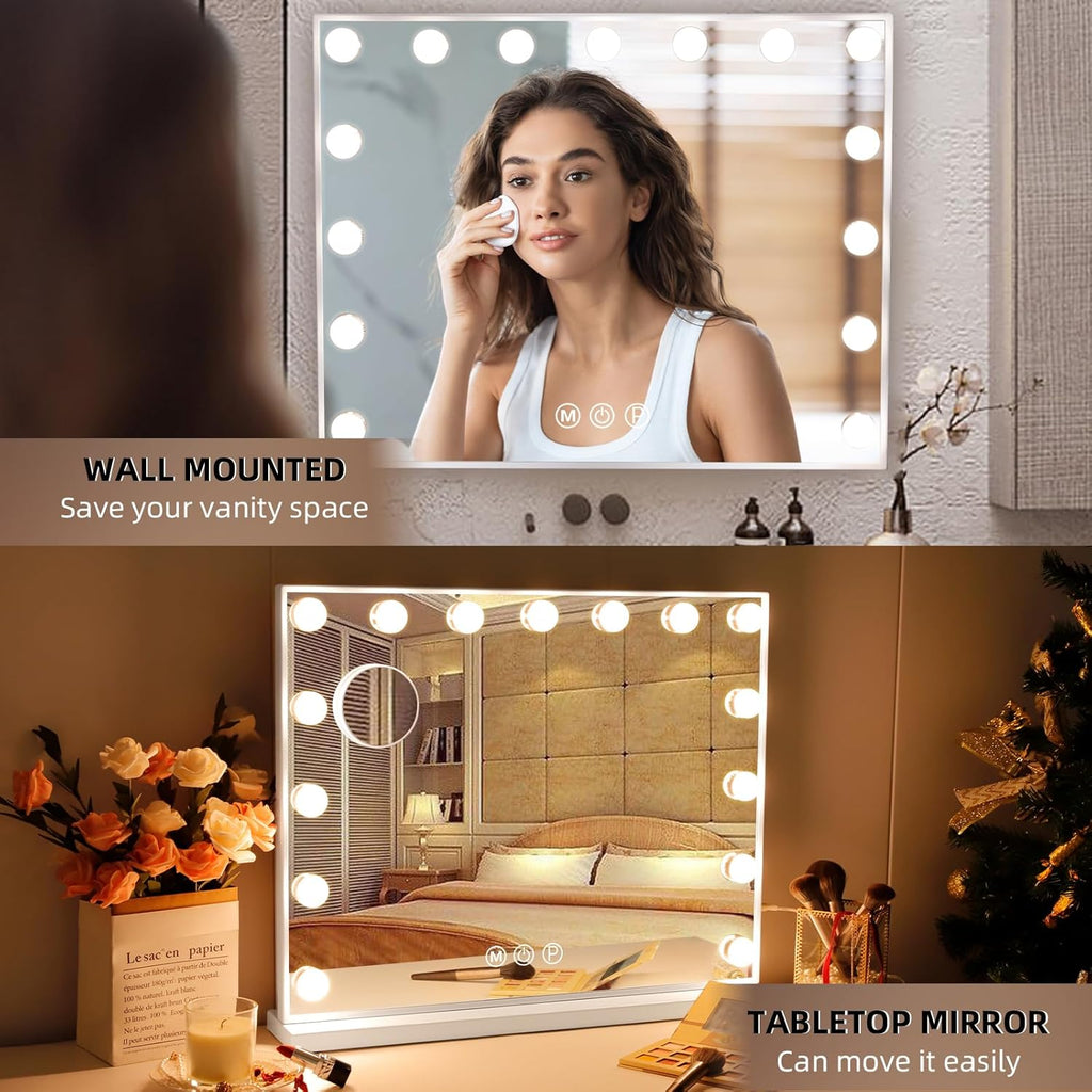 Vanity Mirror with Lights: Hollywood Lighted Makeup Mirror with 15 LED Bulbs, 22.8''x18'' Light Up Mirror with 3