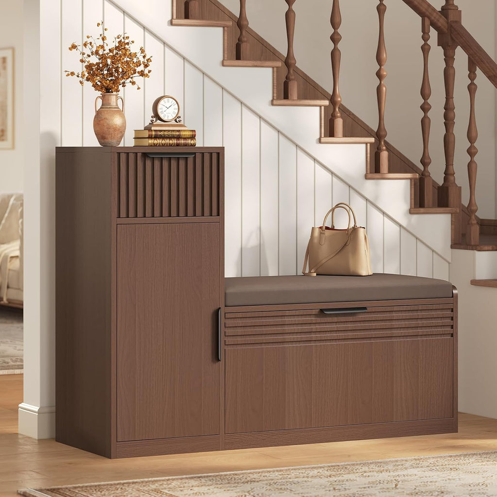 45.3" L-Shaped Storage Bench, Entryway Bench with Shoe Storage and Cushion, 3-Level Adjustable Shelves Flip Drawer &