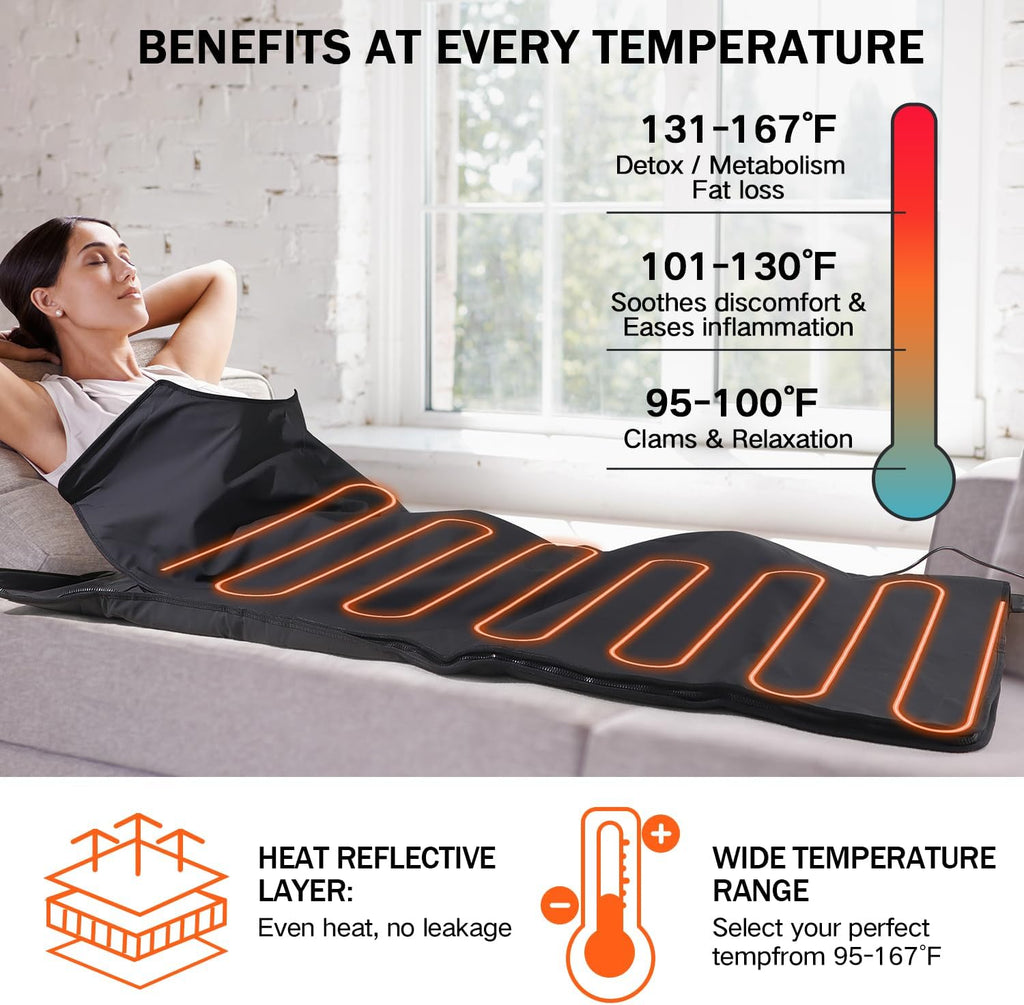 Infrared Sauna Blanket, Durable PU Leather Cover Detox & Relaxation at Home Adjustable Timer, Size 6 ft x 2.6 ft