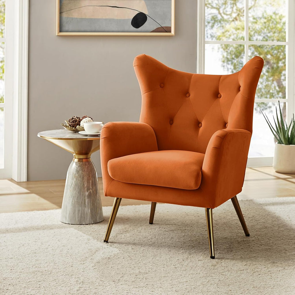 Velvet Tufted Accent Chair, Modern Wingback Arm Chair, Orange | Metal Gold Legs, Wood Frame, Velvet Tufted