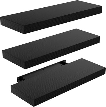 Floating Shelves Black, Wall Shelves with Invisible Brackets , Set of 3 - AMFS07