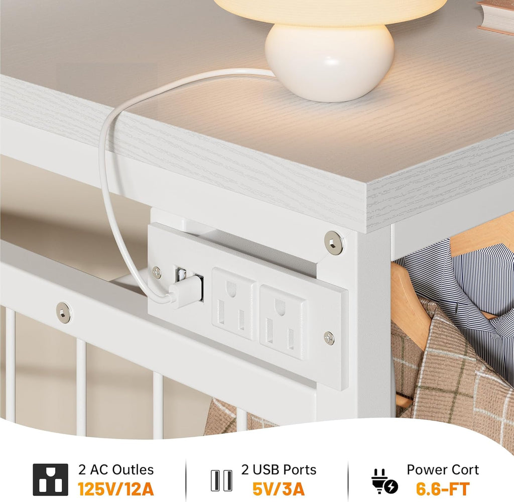 49.2" W Dresser with Hanging Rack & 6 Drawers, Grid Panel & 4 Hooks | Featuring LED Lights and Charging Station
