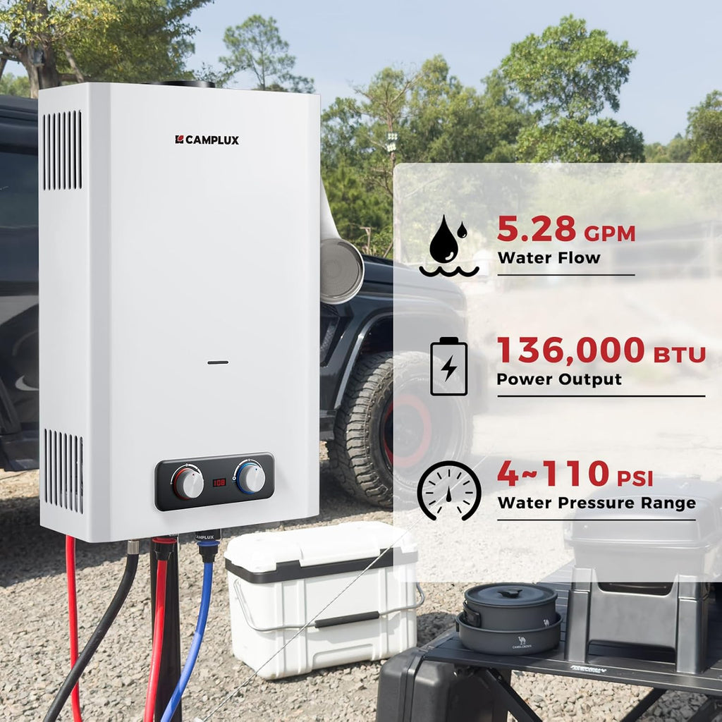 Tankless Water Heater, 5.28 GPM Propane Water Heater Camping, Outdoor for Cabin, Off-grid, Tiny House & Mobile Home
