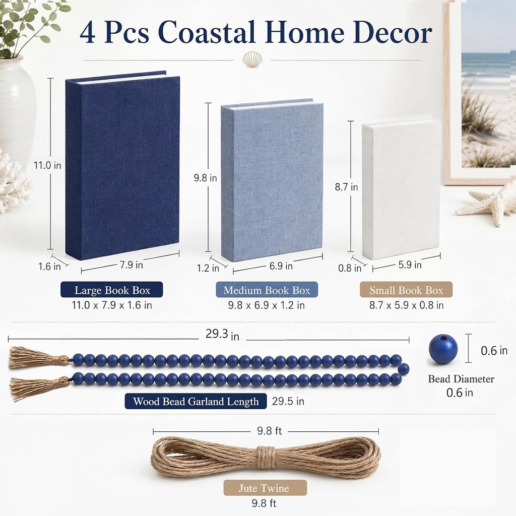 4 Pcs Linen Covered Decorative Books Coastal Home Decor for Coffee Table Aesthetic Blue Book Storage Boxes with
