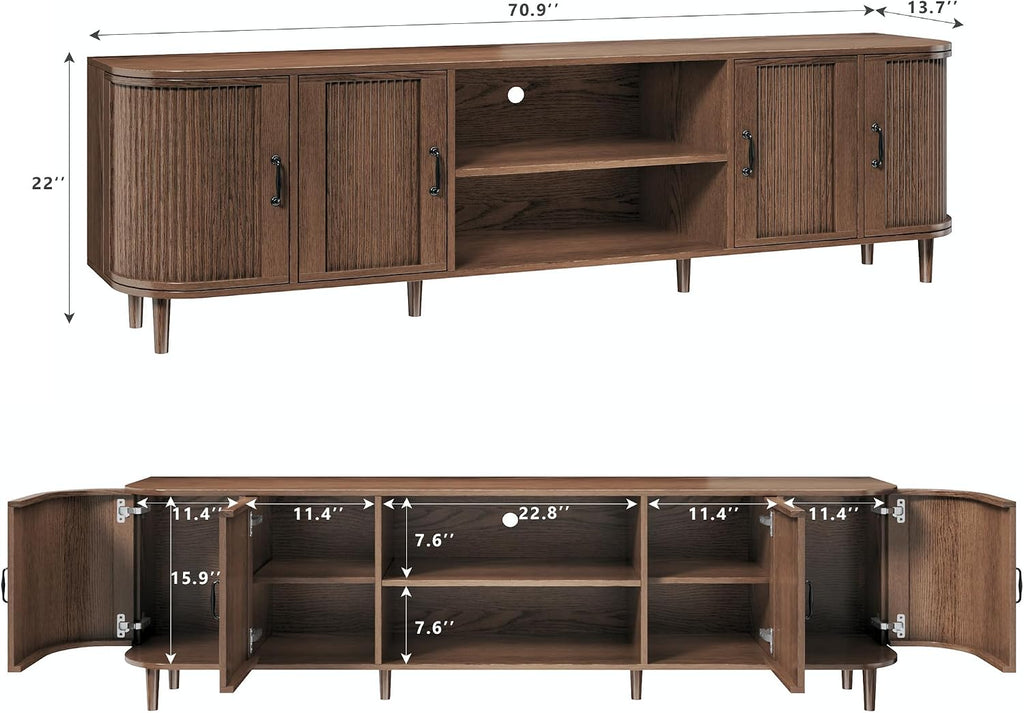 TV Stand for 75 inch TV, Mid Century Modern Entertainment Center for 55/60/65/75 inch TV, with Fluted Door Cabinets & Open Shelves, TV Consoles, Walnut