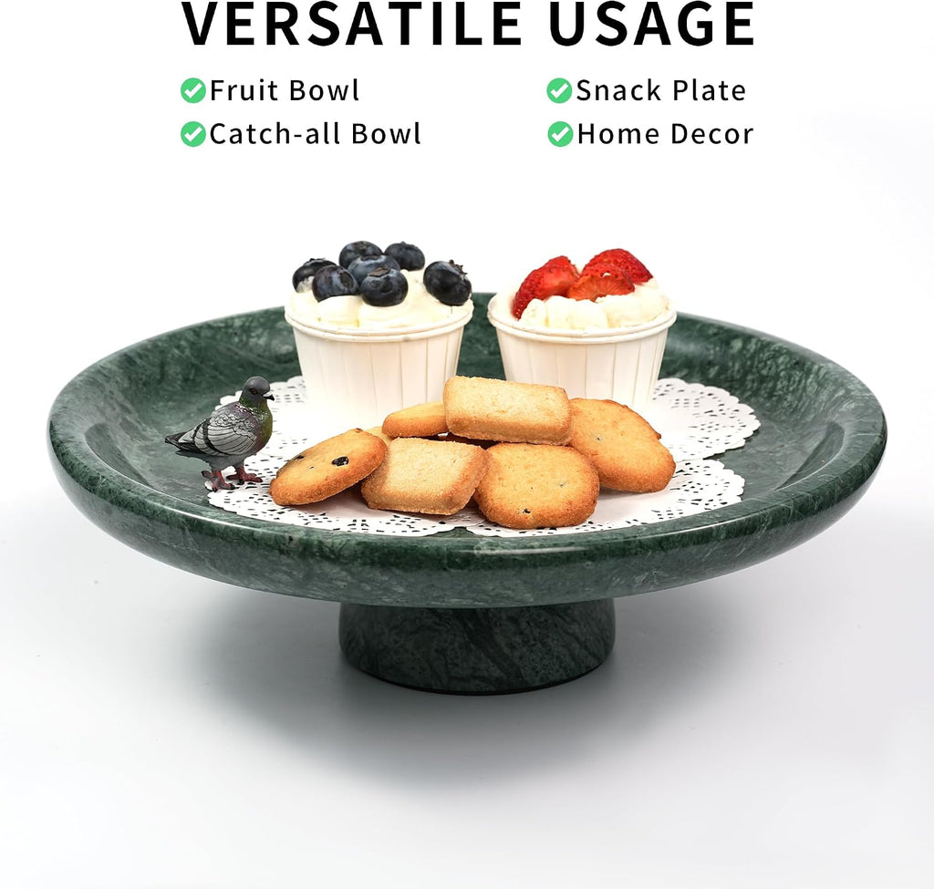 Marble Fruit Bowl - 11.8" Green Decorative Stone Pedestal Bowls Decor, Footed Fruits Holder For Dining Table Counter