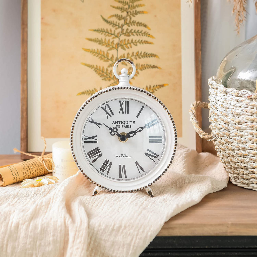 Vintage Table Clock with Handle, Shelf Desk Top Clock Battery Operated Rustic Design, Chic Home Decor for Fireplace