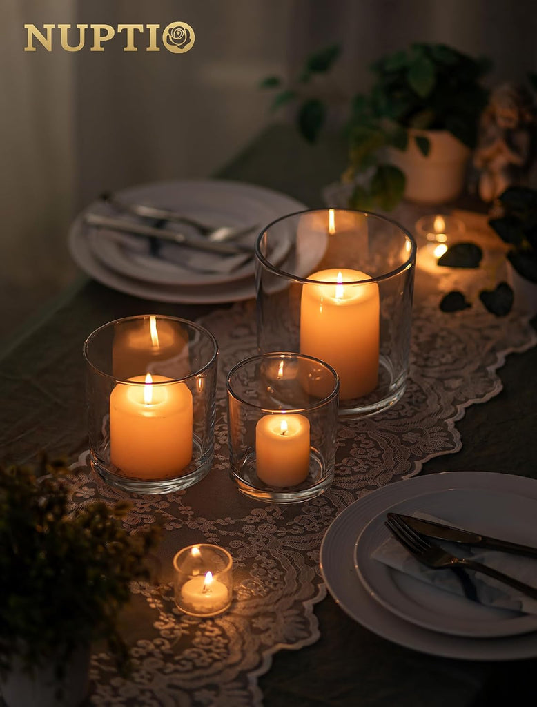 Thick Glass Hurricane Pillar Candle Holders, Set of 3 | Heavy Clear Walls, Wide Low-Profile Cylinders for Easy Use, 3