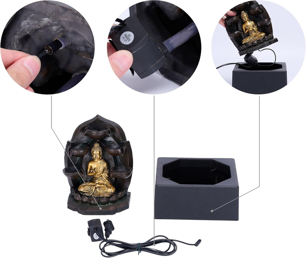 Tabletop Water Fountain Indoor Decor, Gold Buddha Statue with LED Light and Pump, Waterfall Fountain Indoor Zen Home