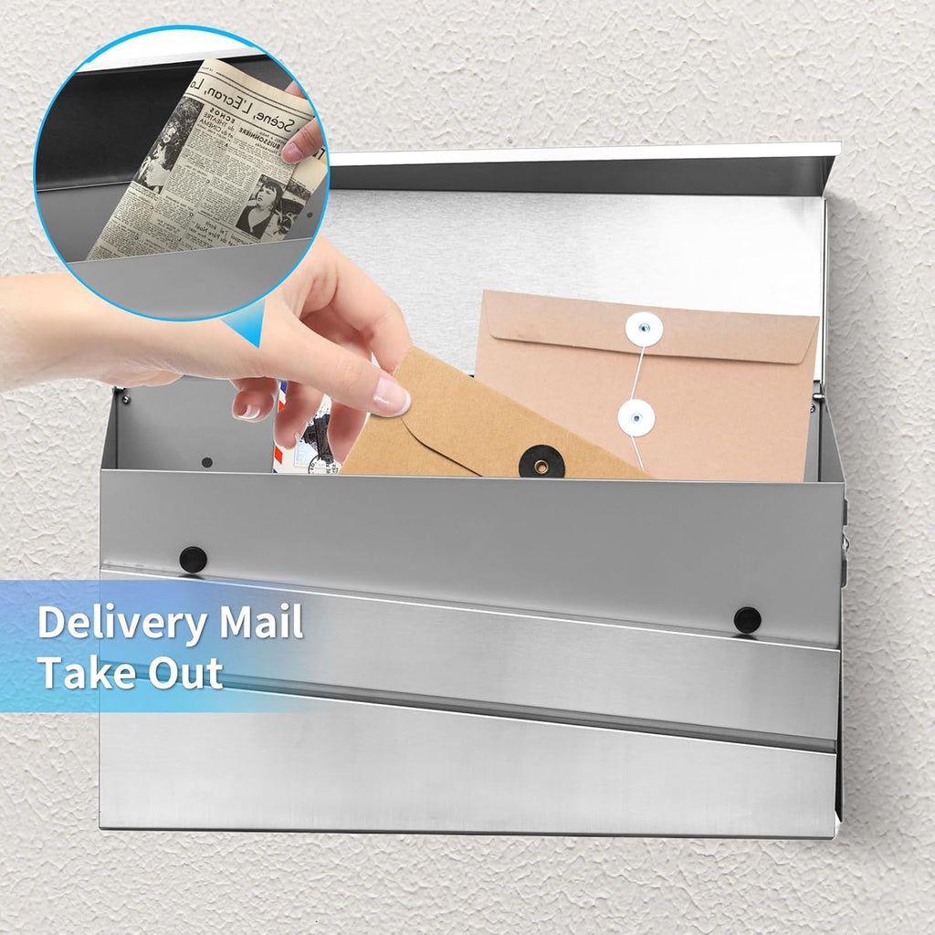 Wall-Mount Mailbox, Brushed Stainless Steel Panel, Rust Resistant Large Capacity House Mailbox
