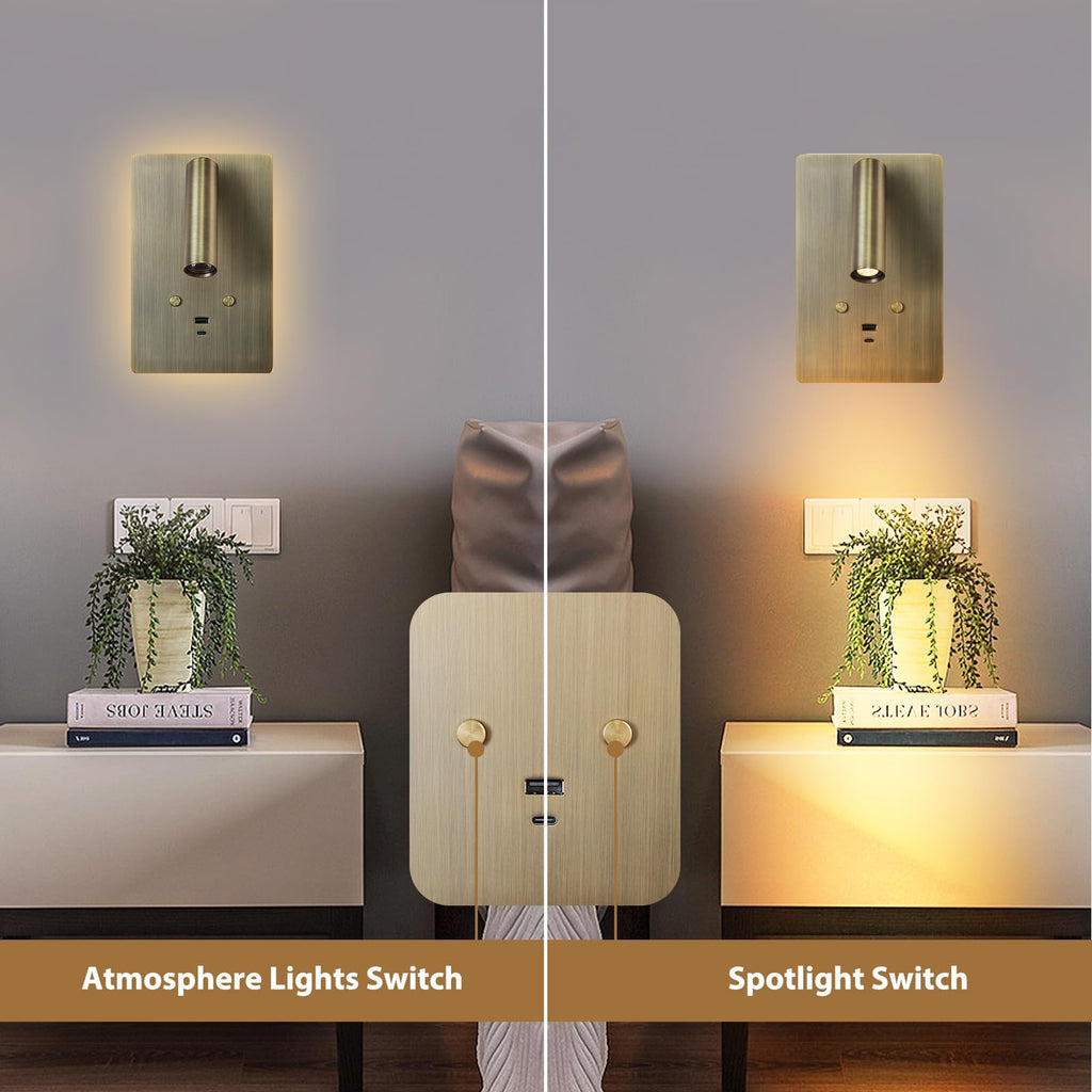 Wall Mounted Reading Light Set of 2,Dimmable Adjustable Headboard Plug in Wall Sconce with USB A+C Ports,Touch