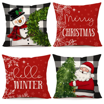 Buffalo Check Christmas Pillow Covers 20x20 Set of 4 Farmhouse Xmas Decorations Snowman Santa Claus Hello Winter