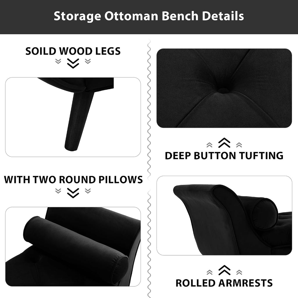 Storage Bench End of Bed, 65" Velvet Upholstered Rolled Armed Button Tufted Stool Bench, Storage Ottoman Long Bench