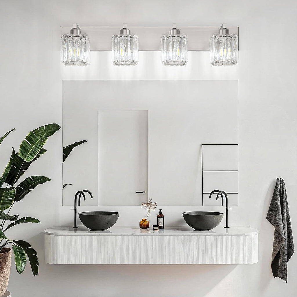 Brushed Nickel Bathroom Lighting Fixtures 4 Light Crystal Modern Bathroom Vanity Light (Exclude Bulb)