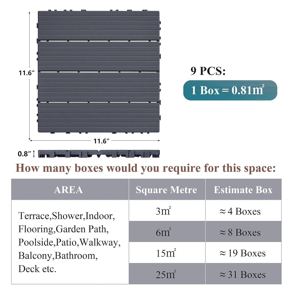 9 PCS Interlocking Deck Tiles, 12''X 12'' Plastic Patio Flooring Outdoor Waterproof Floor Deck Tiles for Balcony Porch
