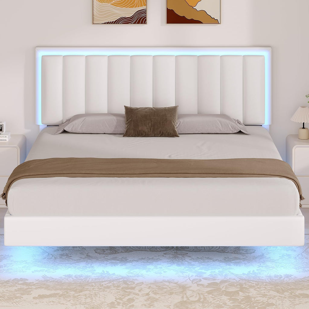 King Size Floating Bed Frame with LED Lights, Upholstered Platform Bed with Headboard, 11 in Storage Clearance, Solid