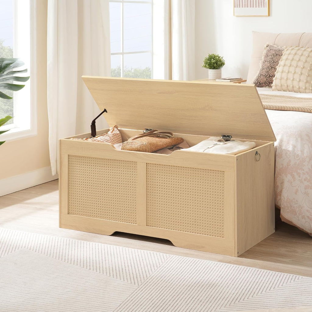 Storage Bench, 43.3" Toy Box, Rattan-Like Storage Chest, Sturdy Entryway Bench Supports 220 lb, Toy Chest, Safety