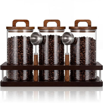 3 Pcs 42 oz Glass Coffee Grounds Container with Shelf Glass Coffee Bean Storage Canisters with Airtight Lid and