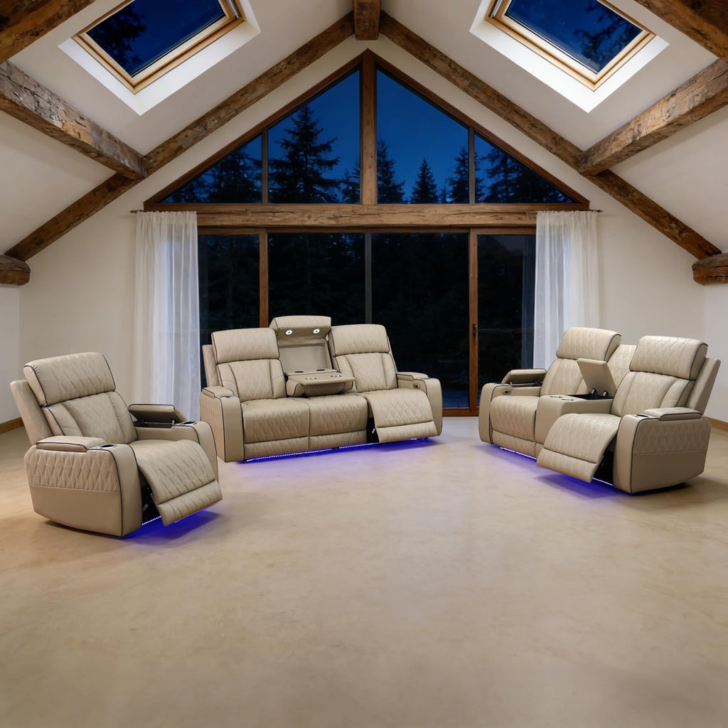 Power Recliner Sectional Sofa with LED Lights, 3 Piece Beige Leather Recliner Love Seat Couches Set with Cup Holders &