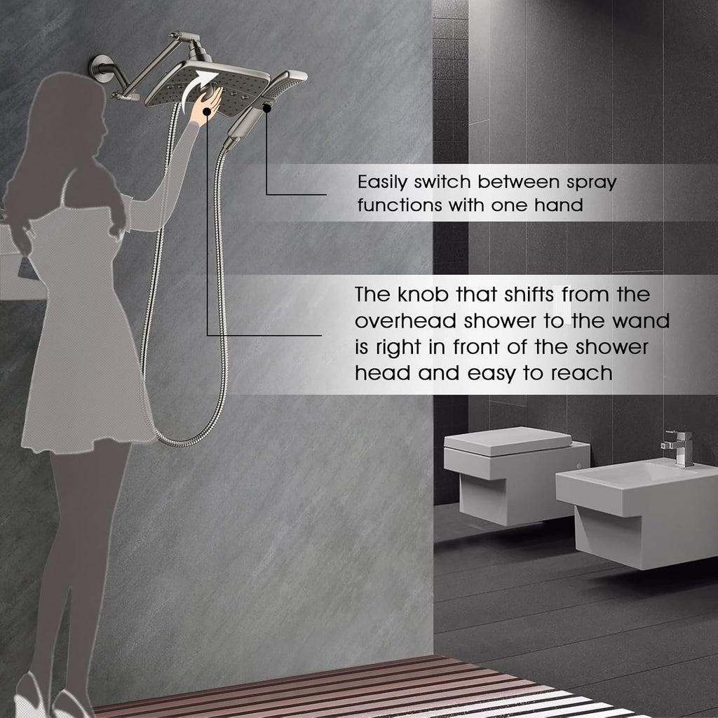 High Pressure Shower Head Combo with Two Spray Setting Fixed Shower Head and Two Spray Settings Handheld Shower Head
