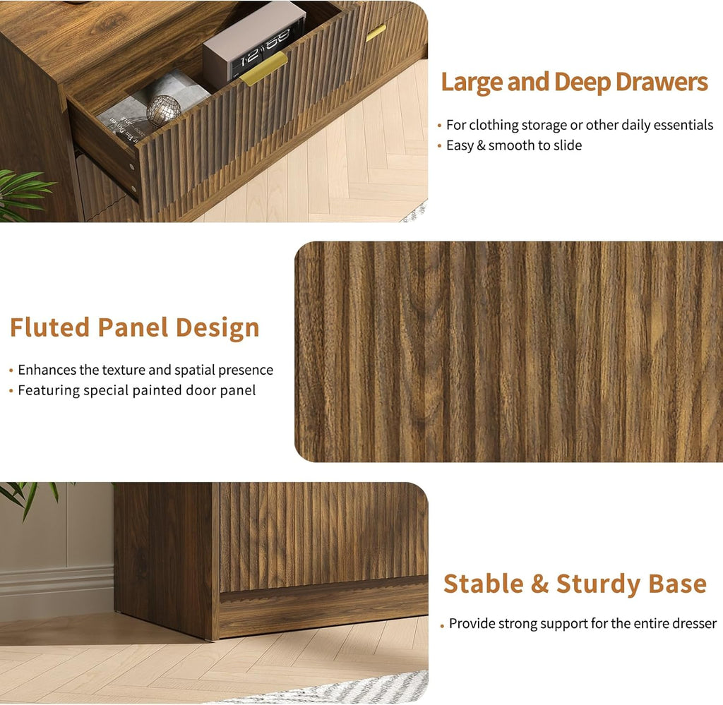 Walnut Dresser Set of 2, Long Dresser Wooden with 12 Drawers, Fluted Modern Bedroom Furniture Set, TV Stand Dressers